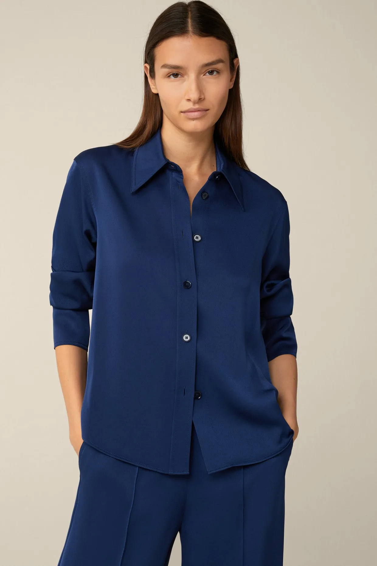 Crepe-Langarm-Hemd-Bluse In